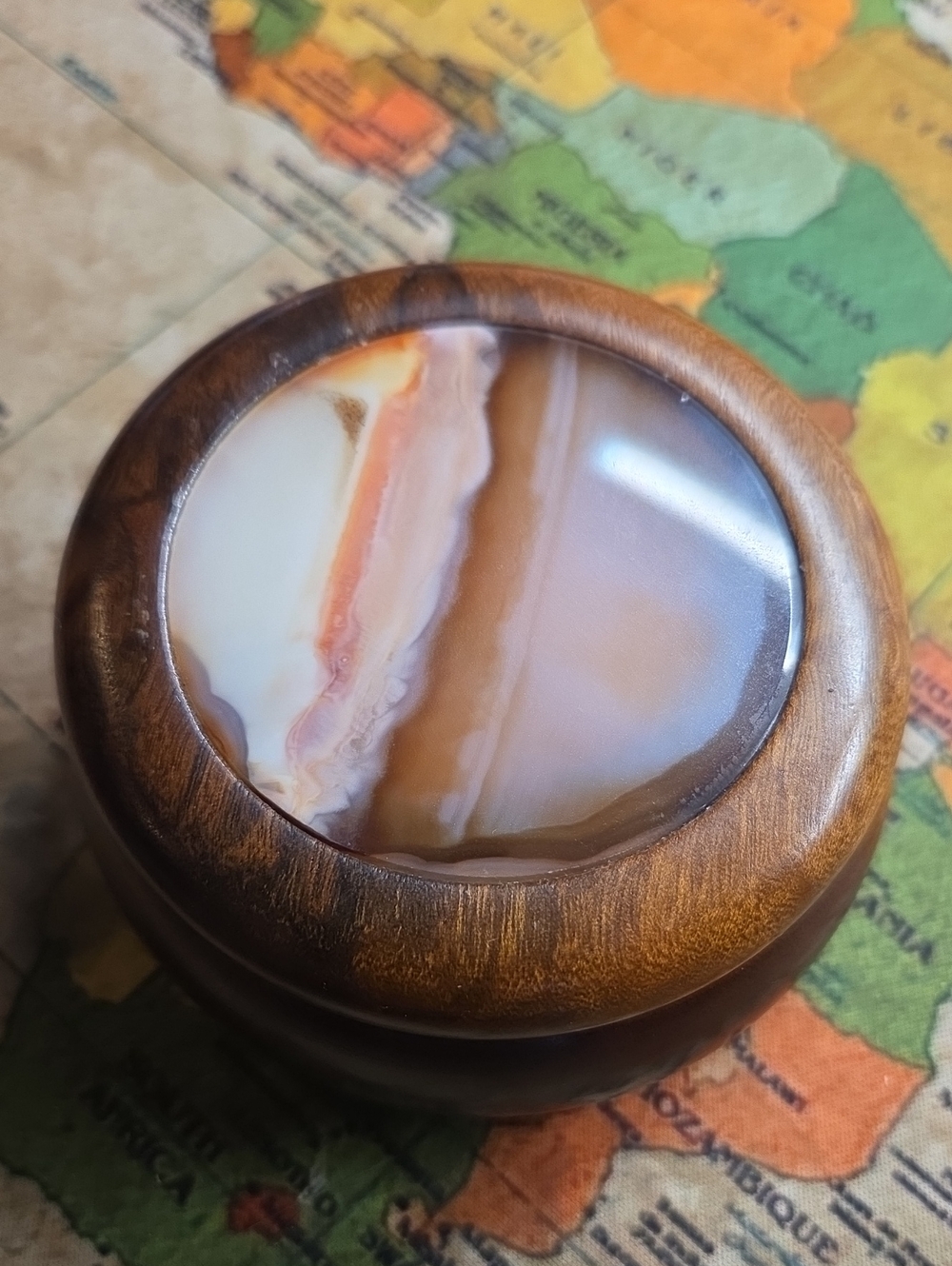 Wooden Round Jewelry Box With Agate Lid.